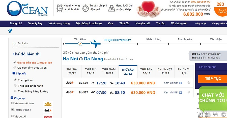 Giá vé máy bay từ Hà Nội đi Đà Nẵng của Jetstar ngày 29/12/2017